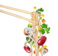 Instant noodles on wooden chopstick with vegetables and champignons close up isolated on white background Royalty Free Stock Photo