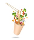 Instant noodles on wooden chopstick with vegetables and greens isolated on white background Royalty Free Stock Photo