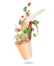 Instant noodles on wooden chopstick with vegetables and mushrooms isolated on white background Royalty Free Stock Photo