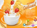 Instant oatmeal with strawberry and milk splash vector realistic illustration