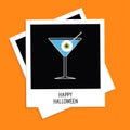 Instant photo with martini glass blue cocktail and eyeball. Halloween card. Flat design. Royalty Free Stock Photo