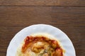 Instant pizza cheese and ketchup over origano on white plate Royalty Free Stock Photo