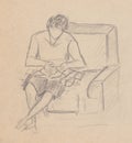 Instant sketch, woman doing sewing Royalty Free Stock Photo