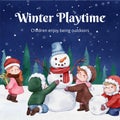 Instgram post template with children enjoy winter concept, watercolor style Royalty Free Stock Photo