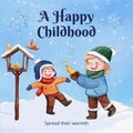 Instgram post template with children enjoy winter concept, watercolor style Royalty Free Stock Photo