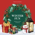 Instgram post template with children enjoy winter concept, watercolor style Royalty Free Stock Photo