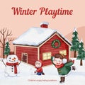 Instgram post template with children enjoy winter concept, watercolor style Royalty Free Stock Photo