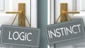 Instinct or logic as a choice in life - pictured as words logic, instinct on doors to show that logic and instinct are different