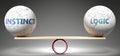 Instinct and logic in balance - pictured as balanced balls on scale that symbolize harmony and equity between Instinct and logic