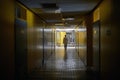 An institution employee walking a hallway. Institution, hallway, university