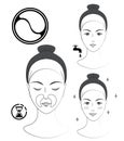 Instruction: How to apply nasolabial cosmetic patches. Skincare. Black and white vector illustration.
