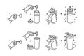 Instruction for making protein whey shake line icons. A hand shaking a sport shaker. A hand shaking a bottle. Protein