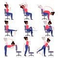 Instructions black girl doing office chair yoga.