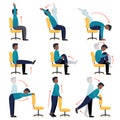 Instructions black men doing office chair yoga.