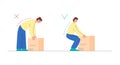 Instructions, manual for lifting a heavy box, vector flat illustration on a white background. Royalty Free Stock Photo