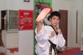 Instructor demonstration action-Taekwondo training hall