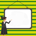 Instructor Drawing Pointing Stick On Empty Whiteboard While Holding Cup. Professor Holding Pointer At The Board Showing