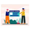 Instructor hands student driver license. Male character has successfully passed his driving exam Royalty Free Stock Photo