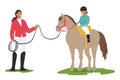 Instructor Patiently Guides The Child In Mastering Horseback Riding, Fostering Confidence And Balance For Young Rider