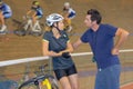 instructor talking to cyclist Royalty Free Stock Photo