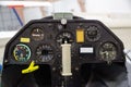 Instrument panel inside the cockpit of a glider inside the hangar. Light airplane control deck Royalty Free Stock Photo