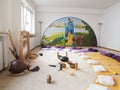 Instrument set up with yoga mats and cushions and blanket for a sound healing therapy healing session. Royalty Free Stock Photo