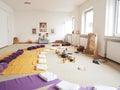 Instrument set up with yoga mats and cushions and blanket for a sound healing therapy healing session. Royalty Free Stock Photo