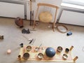 Instrument set up with yoga mats and cushions and blanket for a sound healing therapy healing session. Royalty Free Stock Photo