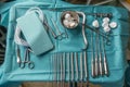 Instrument table with instruments is prepared for a gynaecological procedure
