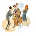 Instrumental jazz trio consisting of double bass, violin and saxophone Royalty Free Stock Photo