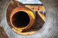 Insulated pipe. Large metal pipes with a plastic sheath at a construction site. Modern pipeline for supplying hot water and Royalty Free Stock Photo