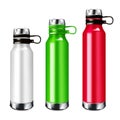 Insulated reusable metal water bottle. Realistic vector mockup set. Stainless steel eco sport flask mock-up. Template for design Royalty Free Stock Photo