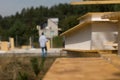 Insulated wall panel on a construction site