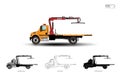 Insulated yellow truck with red boom. Tow truck with lift flatbed.
