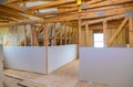 Inside attic roof andwall insulation in wooden house, building under construction