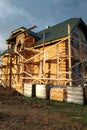 Insulation of the house with facade bricks, construction of a new house and scaffolding near the walls Royalty Free Stock Photo