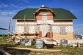 Insulation of the house with facade bricks, construction of a new house and scaffolding near the walls Royalty Free Stock Photo