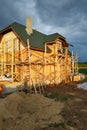 Insulation of the house with facade bricks, construction of a new house and scaffolding near the walls Royalty Free Stock Photo