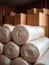 Insulation Rolls Stacked in Bright Packaging Within a Storage Area Near Construction Site Royalty Free Stock Photo