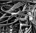 Insulation wires and corrugated tubes inside engine compartment stock photo