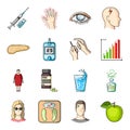 Insulin, sugar, level, analysis, diet and other attributes. Diabetes set collection icons in cartoon style vector symbol