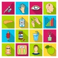 Insulin, sugar, level, analysis, diet and other attributes. Diabetes set collection icons in flat style vector symbol