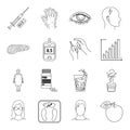 Insulin, sugar, level, analysis, diet and other attributes. Diabetes set collection icons in line style vector symbol