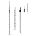 Insulin syringe 0.5 ml with hypodermic needles on white background, medical single use syringes assembled and disassembled. Vector