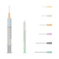 Insulin syringe and syringe with needle. Set of needles for syringe.