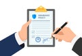 Insurance agent hand holding clipboard with policy form and businessman signs agreement protection document. Make deal