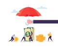 Insurance Agent Holding Umbrella Over Money Savings Financial Protection Concept with Characters Collecting Golden Coins