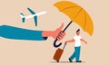 Insurance business travel and aircraft policy care. Umbrella shield protect people vector illustration concept. Money and life Royalty Free Stock Photo