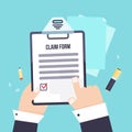 Insurance claim form with clipboard in hand. Vector business illustration flat design. Royalty Free Stock Photo