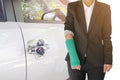 insurance concept, injured businesswoman with green cast on hand